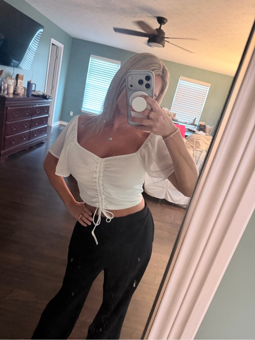 SHEIN White Ruched Drawstring Square-Neck Crop Top - Picture 2 of 2